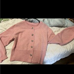 SHEIN Pink Crewneck Cardigan with Heart Buttons